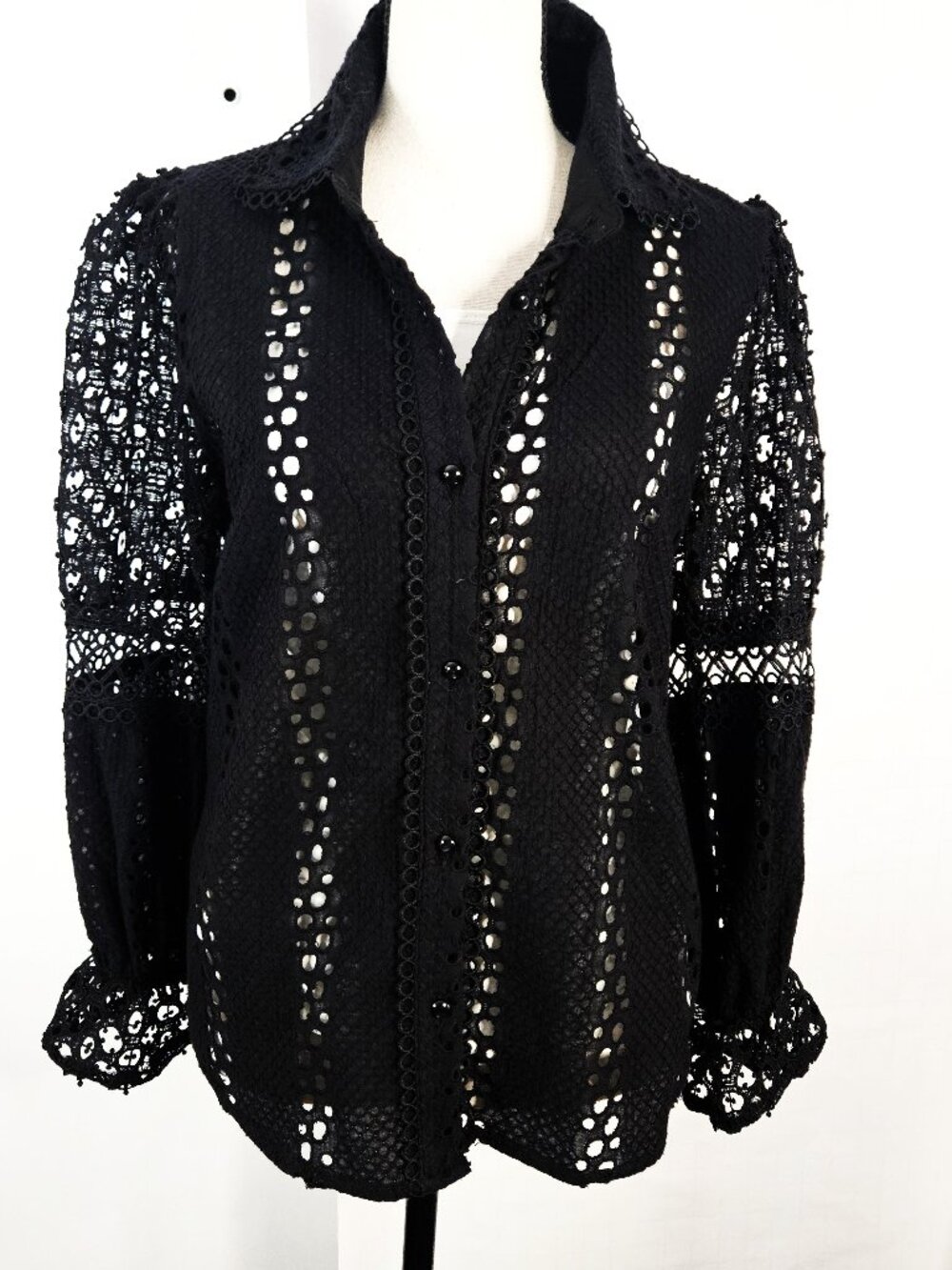 Scalloped Eyelet Crocheted Structured Button-Front Sz M Jacket Pointed Collar